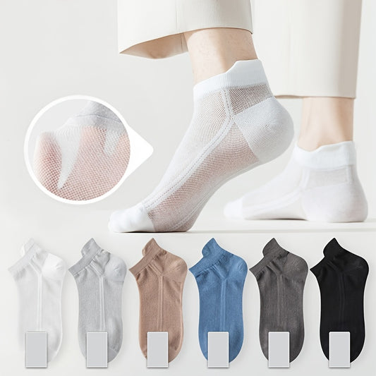 5 Men's Breathable Mesh Ankle Socks - Summer Lightweight, Sweat-Absorbent, Ear Lift Design, Solid Colors, Polyester Blend, Machine Washable