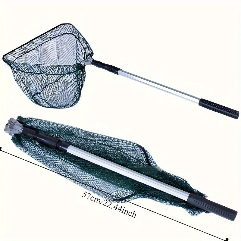 Portable collapsible fishing net with telescopic handle, essential for freshwater and saltwater fishing.