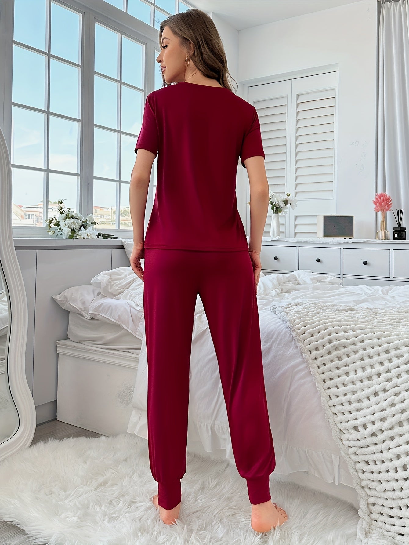 Women's Sleepwear Set with Letter Pattern, Short Sleeve Top and Long Pants