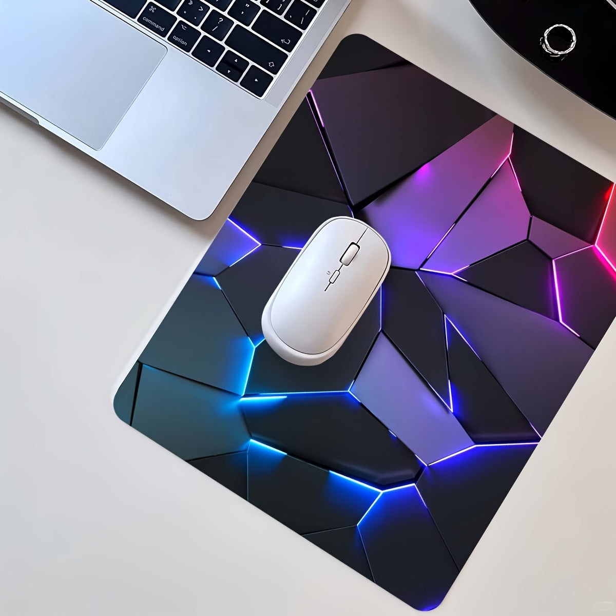 Stylish geometric gaming mouse pad with durable, waterproof, non-slip design. Ideal for gamers, offices, and study. Made of polyester material, no battery required.