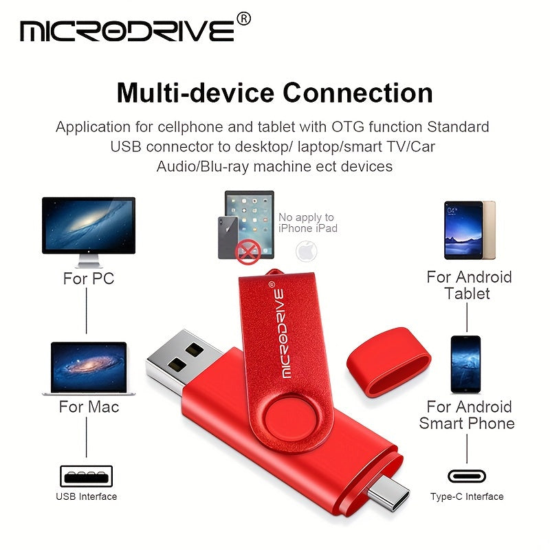 MiCRODRIVE USB 2.0 Pen Drive in 4GB, 8GB, 16GB, 32GB, 64GB, and 128GB capacities, with a 360 rotating metal design and Type-C compatibility for Android devices. Available in black, blue