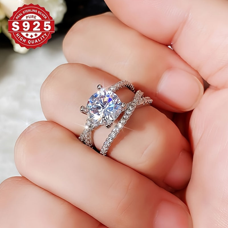 Stylish 925 Sterling Silver Engagement Ring adorned with Cubic Zirconia, Stunning Party Wedding Band, Ideal Romantic Valentine's Present, Versatile Fashion Accessory for Women of All Seasons