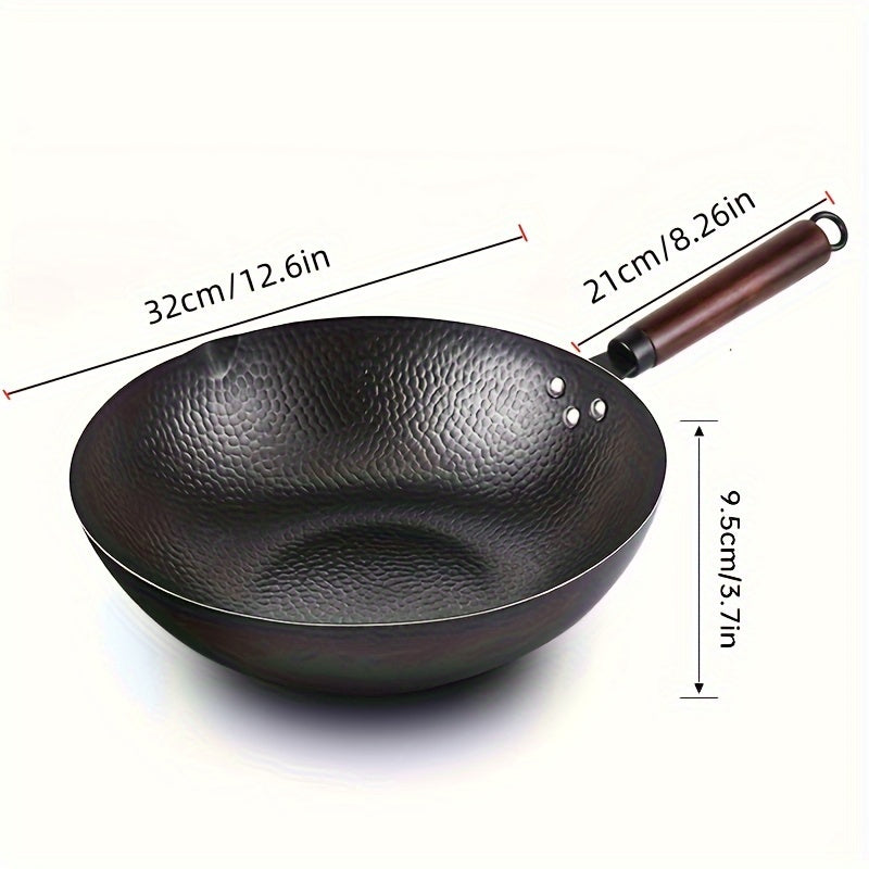 Large 32.0cm Cast Iron Skillet with Cedar Wood Lid - Safe and Natural, Works on Electric & Gas Stoves, Ideal for Cooking & Frying - Must-Have Kitchen Tool, Traditional Chinese Design, Flat Bottom, Cooking Essential