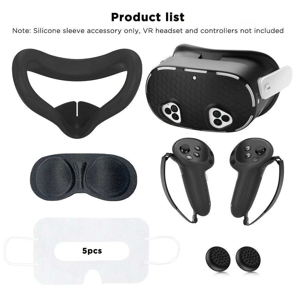 Silicone cover set for Meta Quest 3S, including face cover, controller grips, headset cover, and lens protective cover. Oculus Quest 3S accessories only (VR headset and controllers not