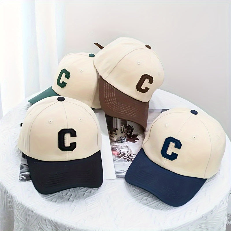 Cotton knit baseball cap with C letter embroidery, adjustable buckle back, lightweight and versatile for all seasons - perfect for outdoor casual wear.