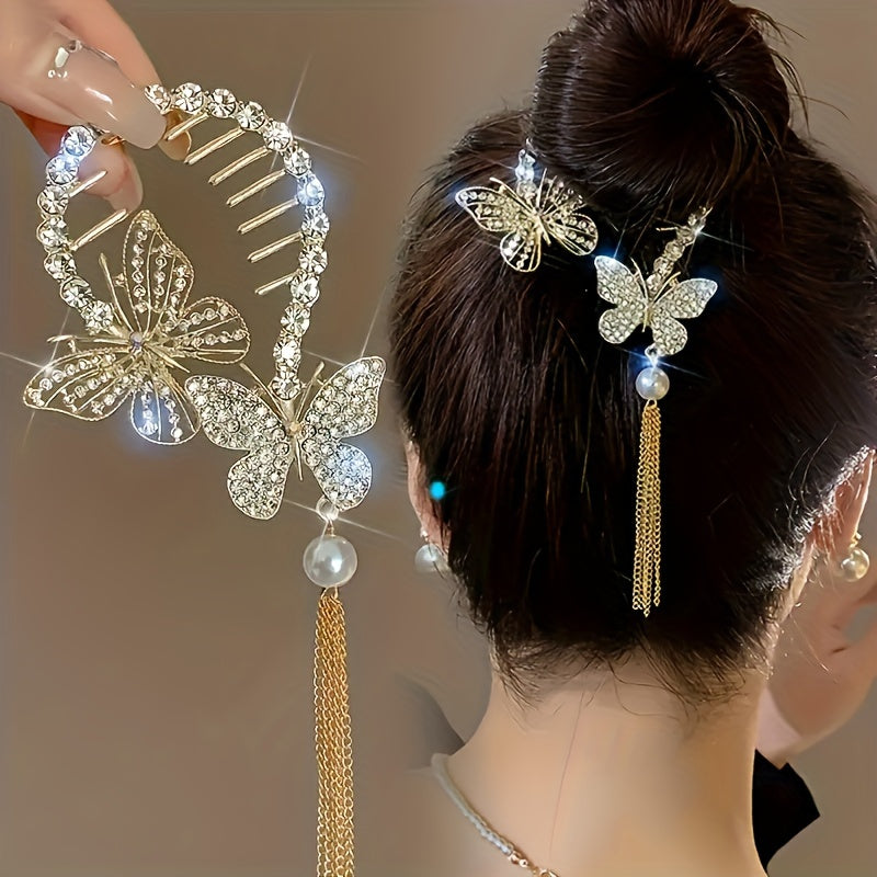 Golden butterfly hair clip with rhinestones & pearls, tassel ponytail holder for women, perfect for parties.