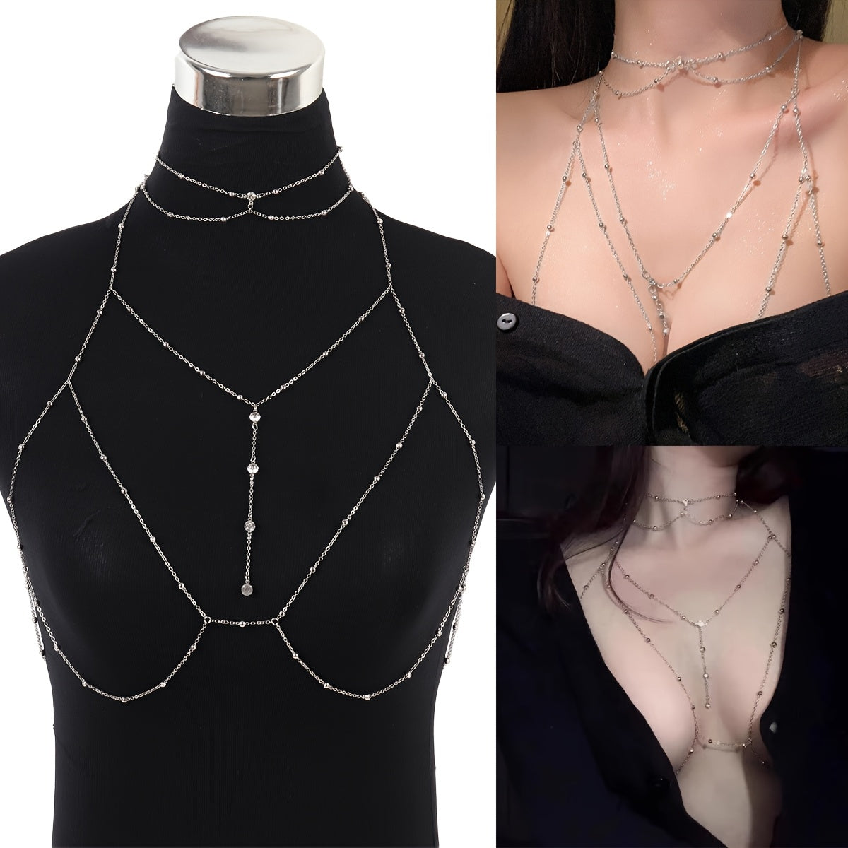 Body chain set featuring two pieces adorned with rhinestones, made from high-quality alloy material and plated for versatility, complete with elegant hanging pendants. Perfect for parties and vacations, this all-season accessory adds a touch of sexiness