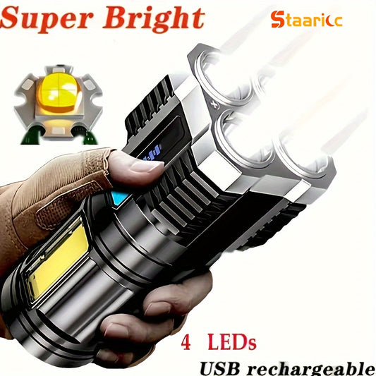 Staaricc LED flashlight with USB rechargeable COB side light, 4 modes, dimmable, push button control, IPX-4, ABS plastic, outdoor use, includes cable and 400mAh battery.