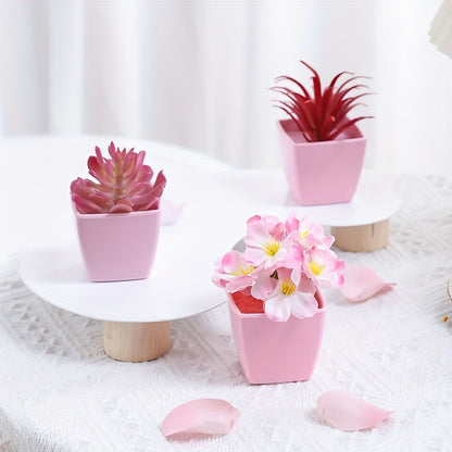 1 set of 3 mini decorative artificial flowers (rose, peach blossom, orchid pink) in small pots, perfect for weddings, home or office decor.