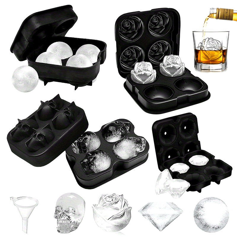 Homemade Silicone Ice Tray Mold for Whiskey Ice Balls with Rose, Diamond, and Skull Designs