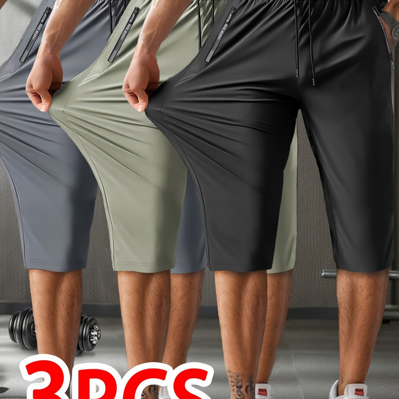 3 Summer Breathable High-Elastic Drawstring Zip Pocket Men's Sports Capri Pants