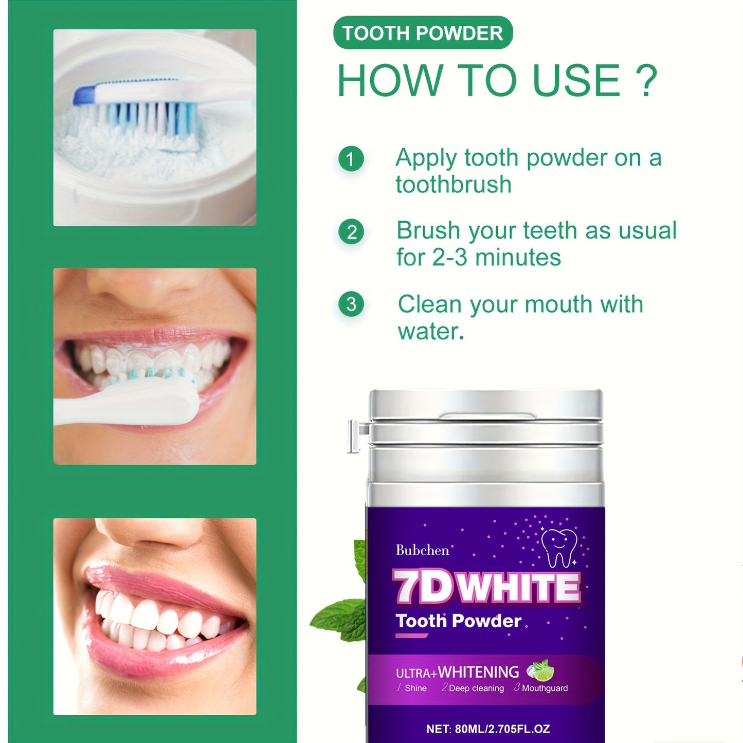 Bubchen 7D Whitening Tooth Powder with Natural Pearl Essence, Mint Flavor, 80ml - 6 Weeks Supply, Deep Clean & Stain Removal.