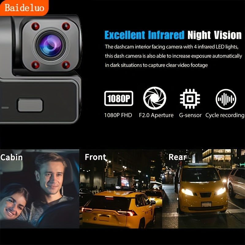 Baideluo three-lens video dashcam records in front and inside the car simultaneously in 1080P HD quality, with night vision and reversing image feature.