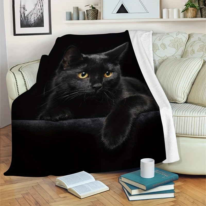 Black Cat Animal Blanket, 1 Piece, Flannel Throw Blanket, Cozy and Soft Blanket for Sofa, Office, or Bed, Perfect for Halloween