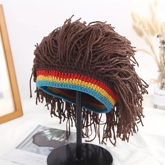 Light brown dreadlocks hat with a disco punk cool vibe, featuring a knitted colorful band wig. Perfect for Mardi Gras, Halloween cosplay, LARP parties, or stage performances. A fun and playful accessory for all occasions.