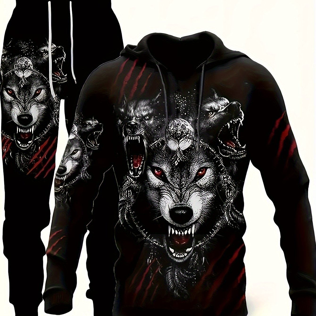 Men's plus size wolf print hooded sweatshirt and pants set, athletic casual style for spring/autumn