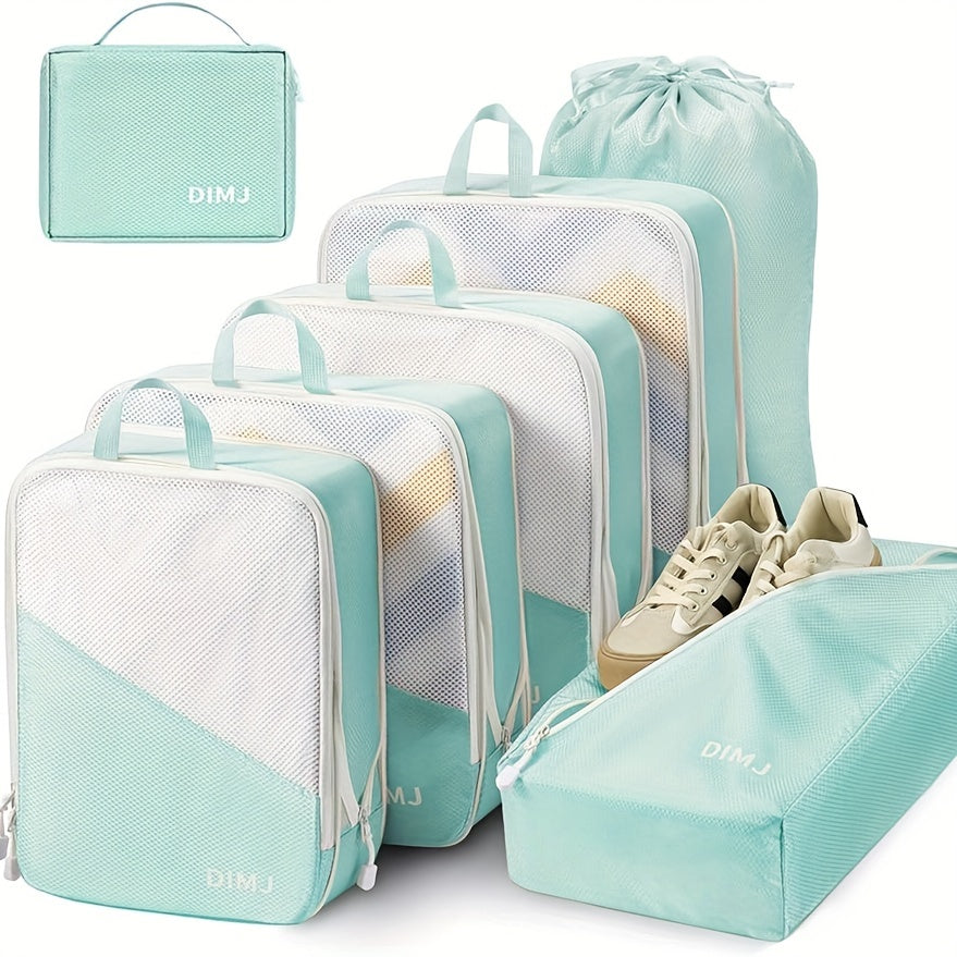 Set of 7 Compression Packing Cubes designed for travel, made from lightweight materials to fit easily into suitcase. Features sturdy handle for convenience, includes cubes for shoes, laundry, and underwear. Essential travel organization tools.