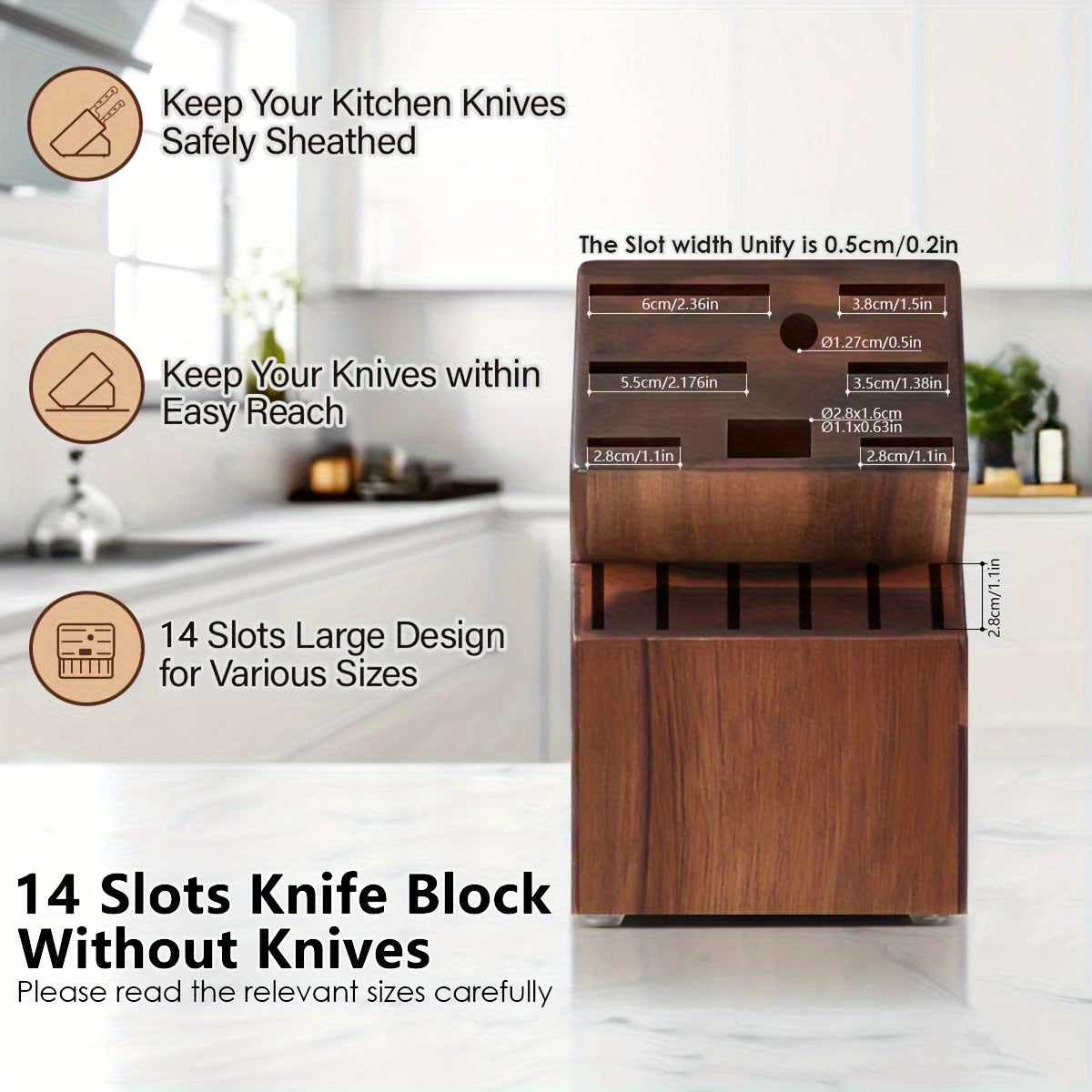 The perfect gift for any occasion - Acacia Wood Knife Block with 14 slots to hold all your essential knives including 6 steak knives, chef knife, bread knife, santoku knife, utility knife, and even space for knife sharpening and scissors. This countertop