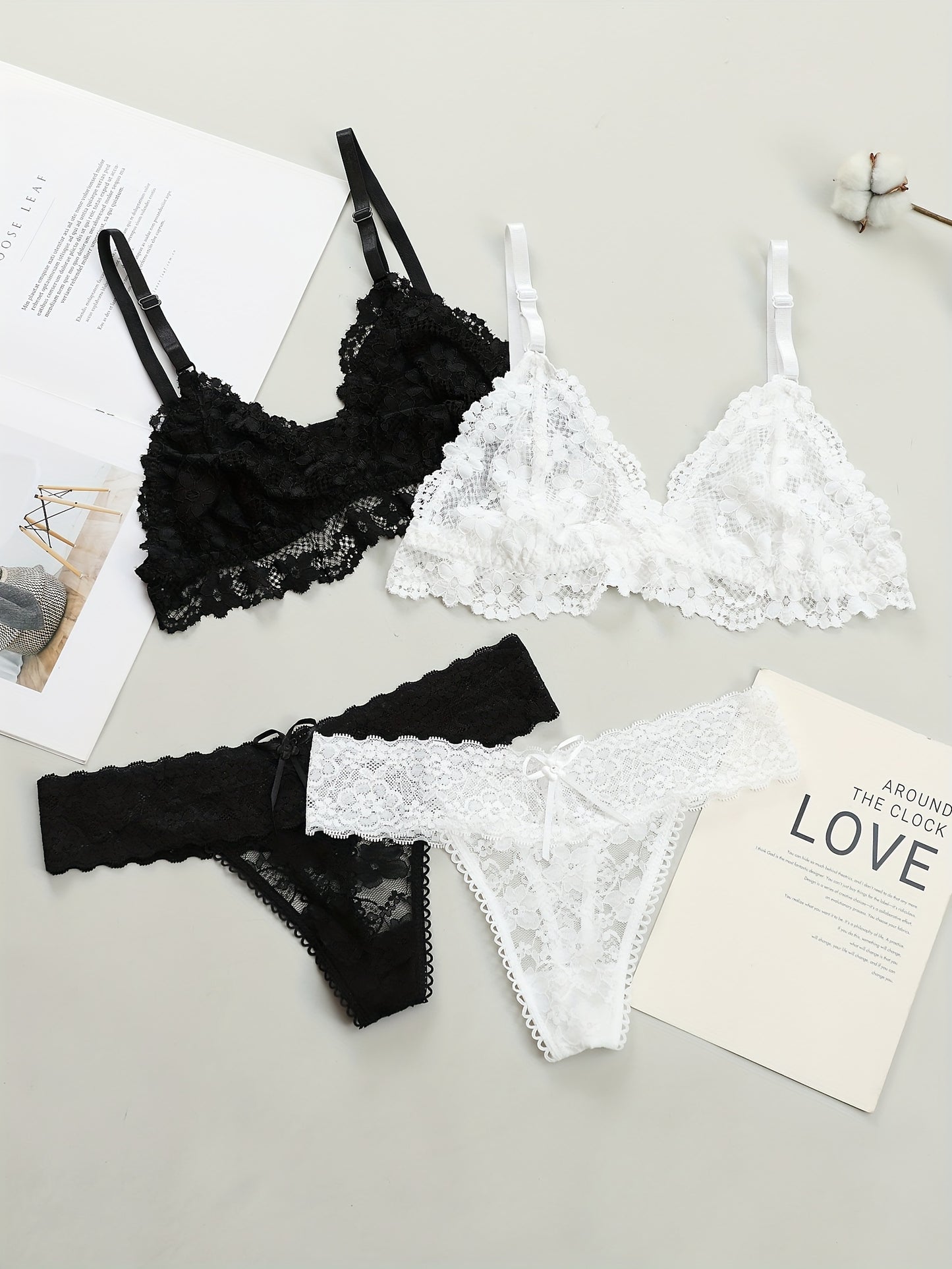 2-Piece Sexy Lace Lingerie Set in Black & White, Comfortable Seamless Design with Bralette and Panty