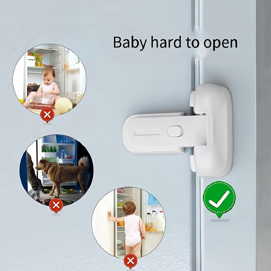 Safety latch for refrigerator door designed specifically for young children - made from non-toxic plastic for a secure, child-proof closure.