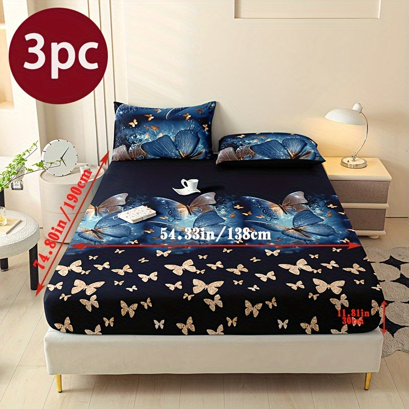 Butterfly Floral 3-Piece Bedding Set with soft polyester fitted sheet, 2 pillowcases, and floral pattern bedspread. All-season, machine washable.