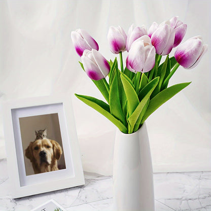 6 artificial tulips, perfect for home decor and tabletop display during anniversaries or in living rooms. Vase not included.