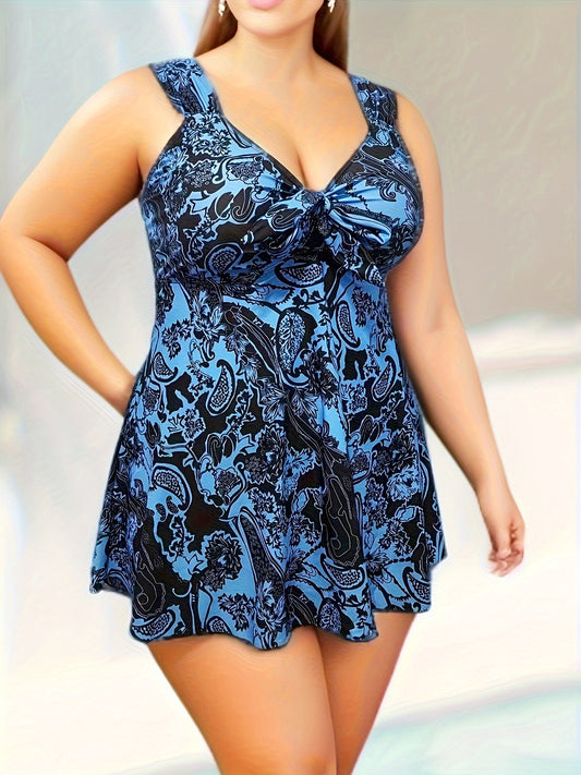 Boho-style tankini set with paisley print, includes tie-front tank top and panty swimsuit