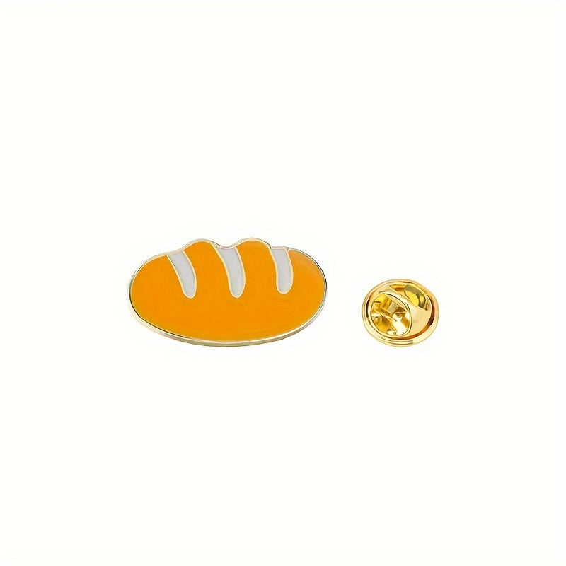 Set of five cartoon-inspired cute breakfast food enamel pins featuring bread-shaped minimalist brooches. These decorative lapel pin badges can be used on bags and jewelry to add a fun touch with pastry and egg-themed accessories.