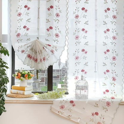 Roman curtain with elegant red flower embroidery, suitable for living room, bedroom, and kitchen. Ideal for adding a touch of sophistication to your indoor cafe kitchen decor.