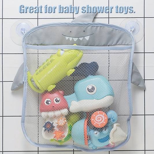 Mesh bag with suction cups for bathroom use, featuring cute cartoon animal shapes for storing cloth items and sand in the shower or bath.