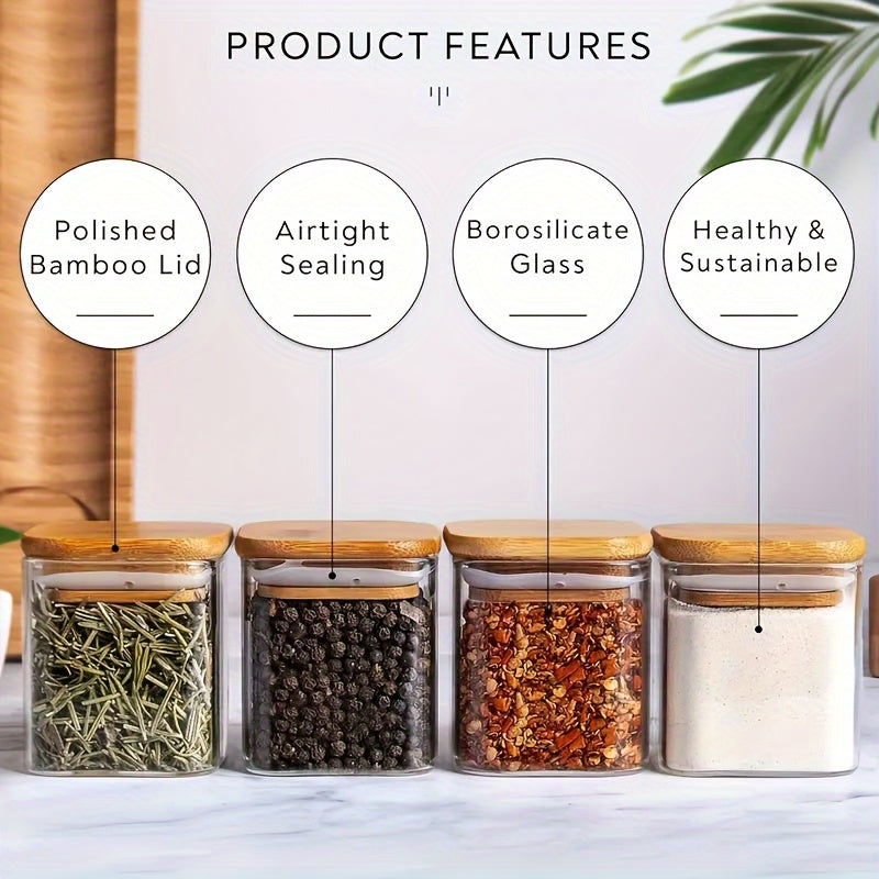 The bundle includes 12 glass spice jars with bamboo lids and labels, square containers perfect for storing seasonings. These jars come with secure lids and are made of lead-free glass, making them essential kitchen tools and accessories for keeping your