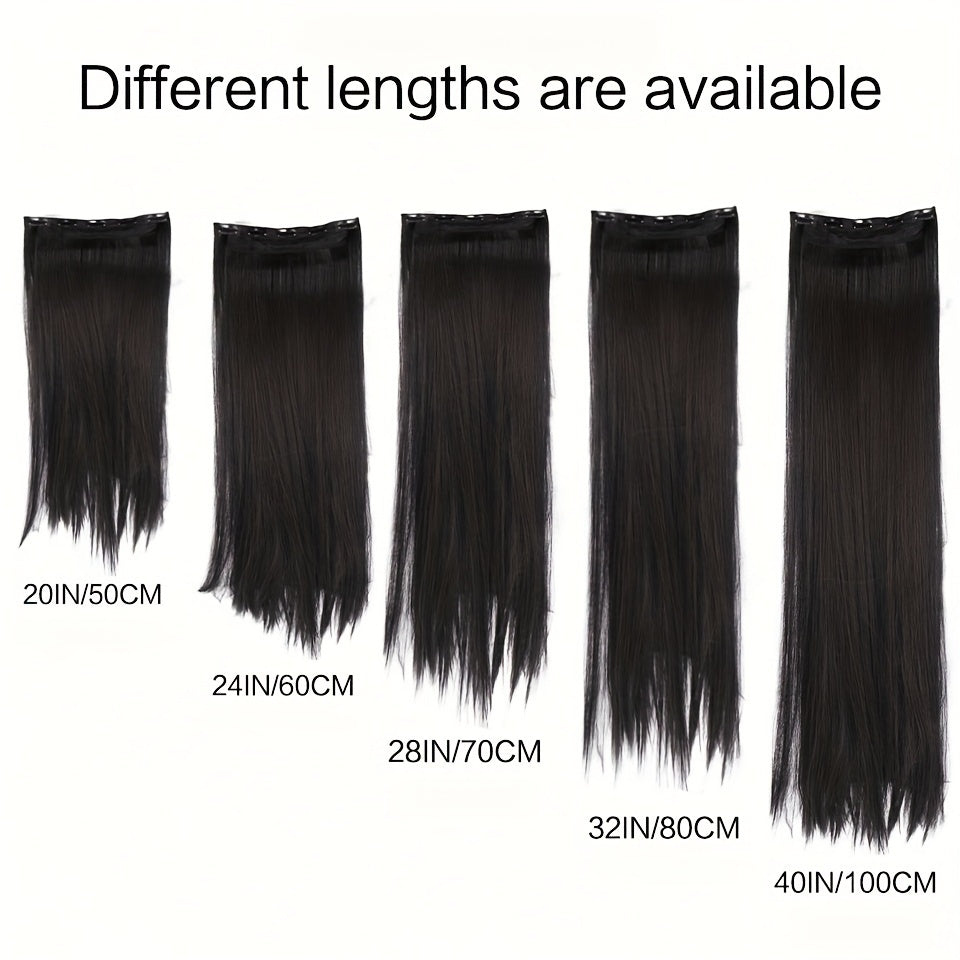 Long synthetic clip-in hair extensions for full head volume and length, easy to wear.