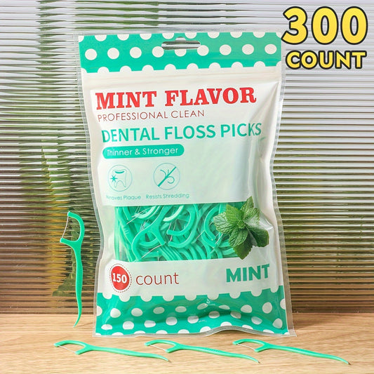 Fresh Mint Dental Floss Picks, 300-pack, Deep Clean, Portable Disposable PE Material, Alcohol-Free, Travel Essential, Home & Daily Use.