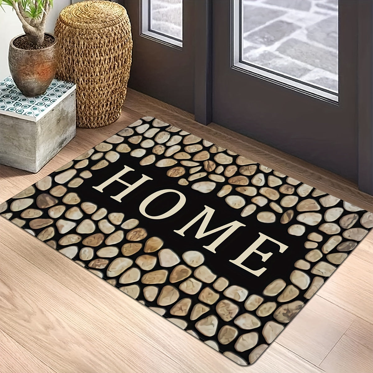 Pebble Letter Print 1PC Door Mat with Non-Slip Polyester Area Rug - Stain Resistant, Washable, Perfect for Laundry Room, Kitchen, or Guest Room Decor