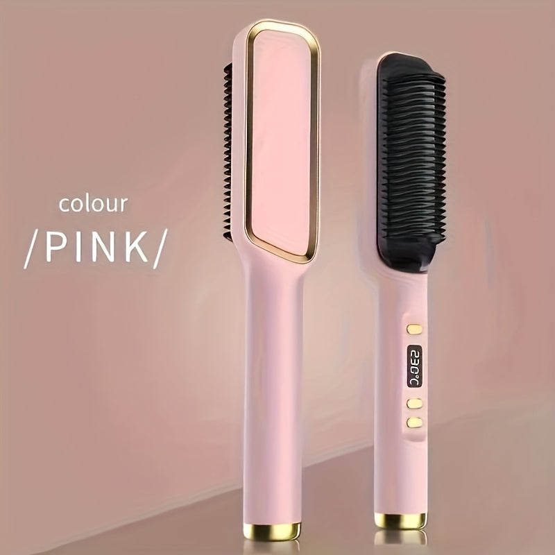 2-in-1 Ceramic Hair Straightener Brush with LCD Display, European Standard Plug, Perfect Mother's Day Gift for Unique Hairstyles