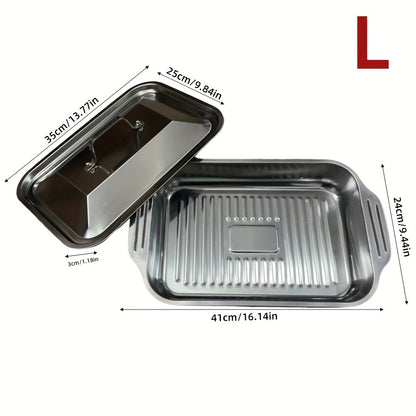 Stainless steel baking pan set with lid, non-stick, versatile for desserts, bread, BBQ and more. Heat resistant, easy to clean, includes rectangular baking trays, seafood trays, dinner