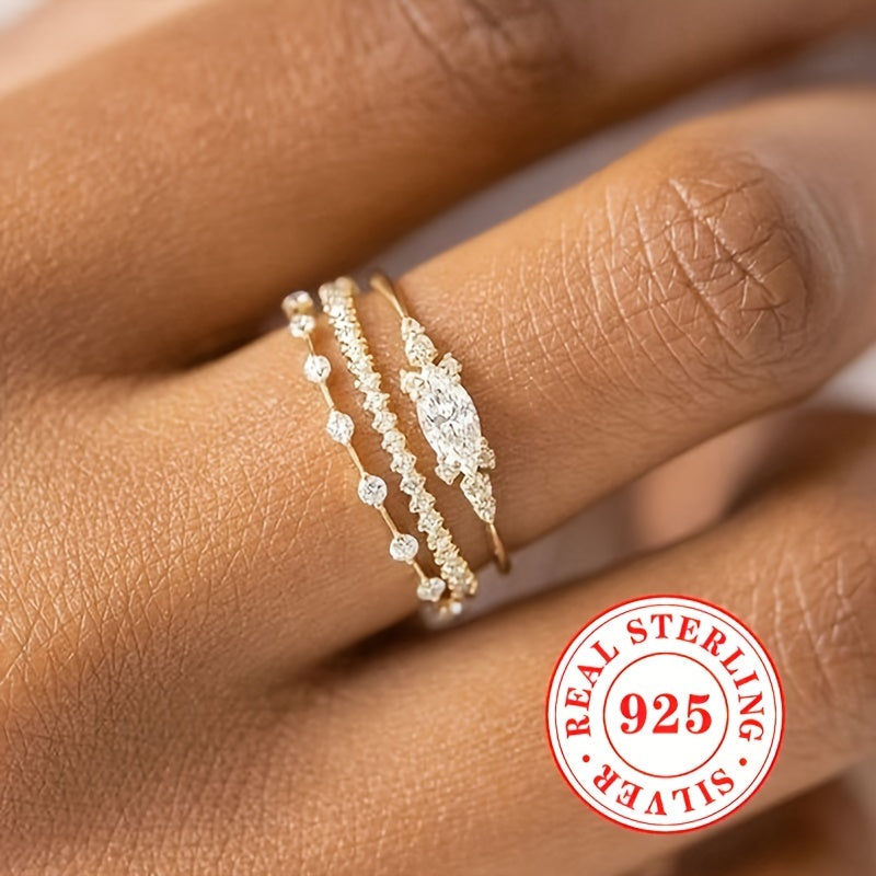 Set of 3 Stunning Stackable Rings made of S925 Sterling Silver with Sparkling Cubic Zirconia, perfect for adding an Elegant and Glamorous touch to your daily casual look. Ideal Women's Fashion Jewelry for everyday wear.