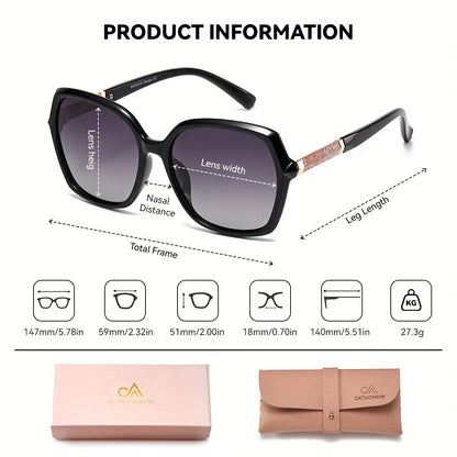 Women's Polarized Square sunglasses with high-quality PC frame, comfortable for outdoor activities and everyday use, comes in a pink gift box.