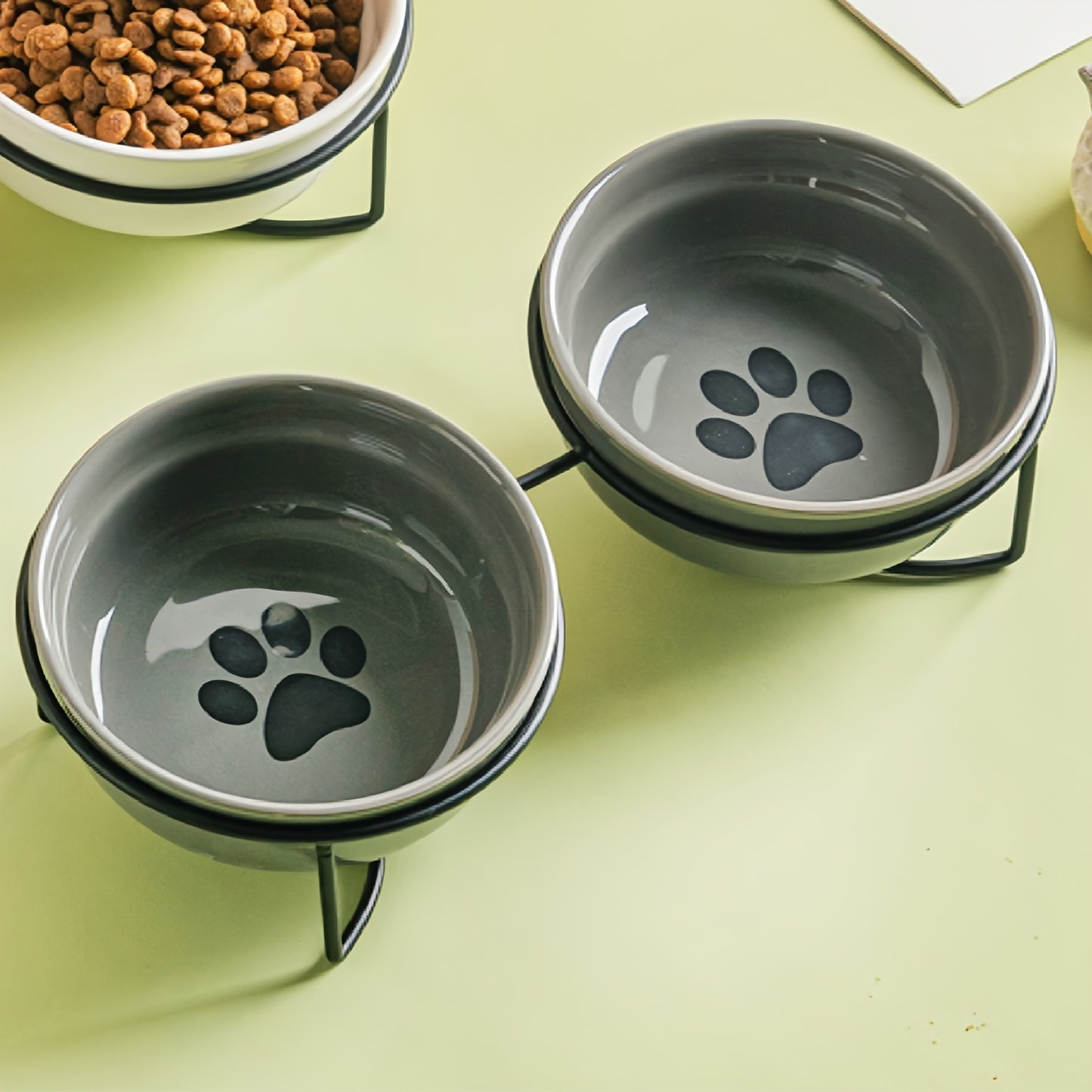 Ceramic cat bowls with iron stand - 12.19cm dual feeding dishes for cats, neck protection design