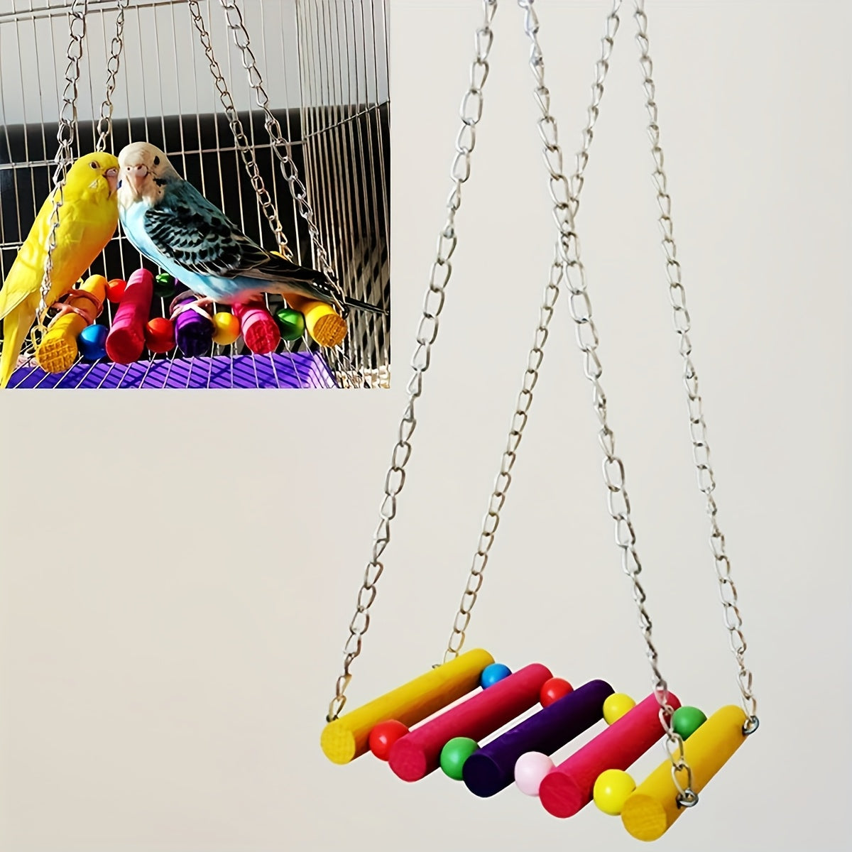 Colorful wooden bird swing toy for parrot perch, chew plaything, and cage accessory.