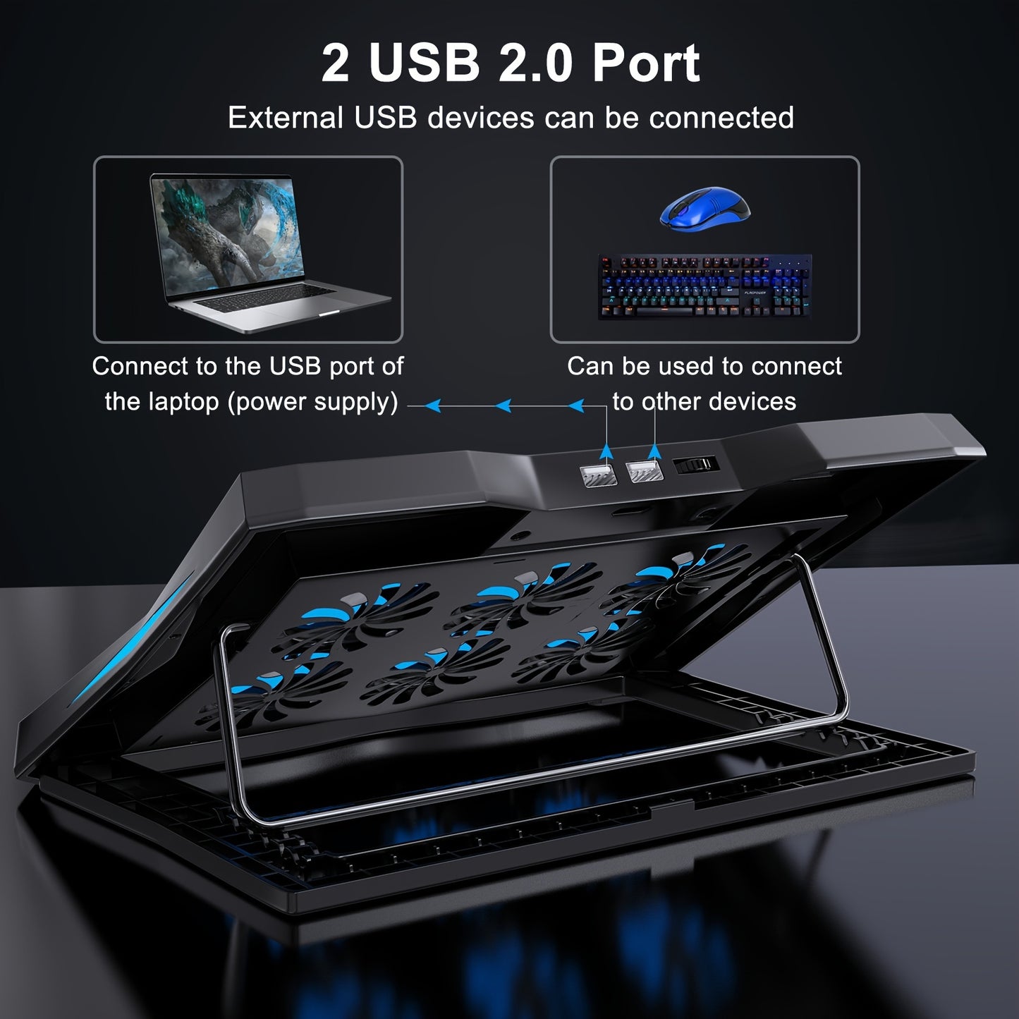 Laptop cooling stand with 6 fans, adjustable height, LED light, USB ports, and metal mesh design for 22.86-39.62 cm laptops.