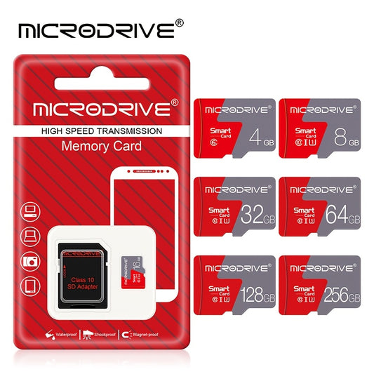 Tezlik sinfi 10 Micro SD xotira kartasi SD adapter bilan - 256GB gacha bo'lgan o'lchamlarda mavjud va smartfonlar, kameralar, DVR va monitorlar uchun xotirani kengaytirish uchun U3 reytingiga ega.