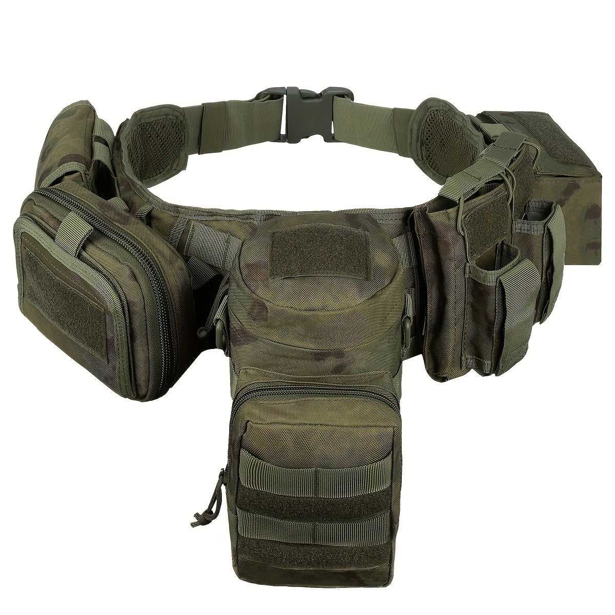 BOMTURN Tactical Utility Belt Set with MOLLE System includes 7 pieces of camouflaged polyester gear suitable for hunting and fishing.