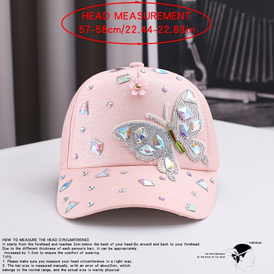 Lightweight cotton baseball cap with butterfly embellishments, rhinestone accents, adjustable fit, and woven craftsmanship. Fashionable sun protection hat for special occasions.