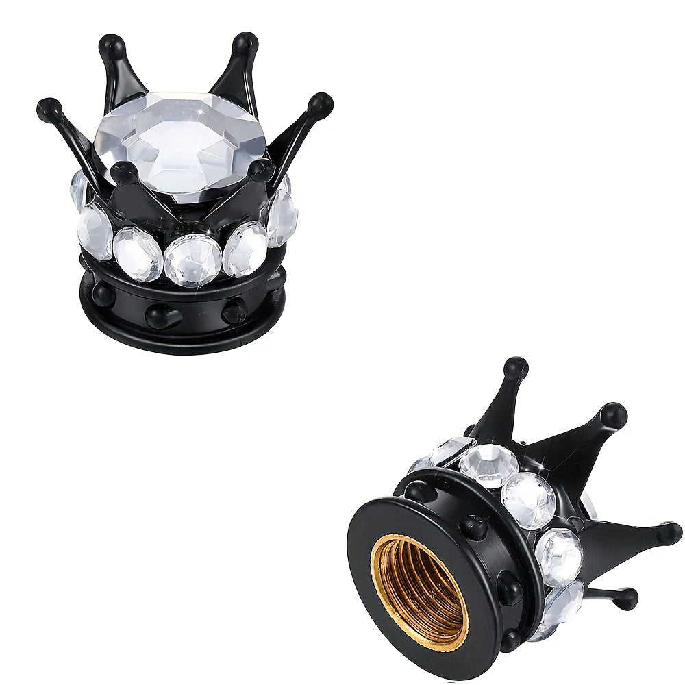 Pair of 2 Crown-shaped Car Tire Valve Stem Caps made of ABS Plastic with Rhinestone Embellishments, Non-Electric Decorative Wheel Air Valve Covers