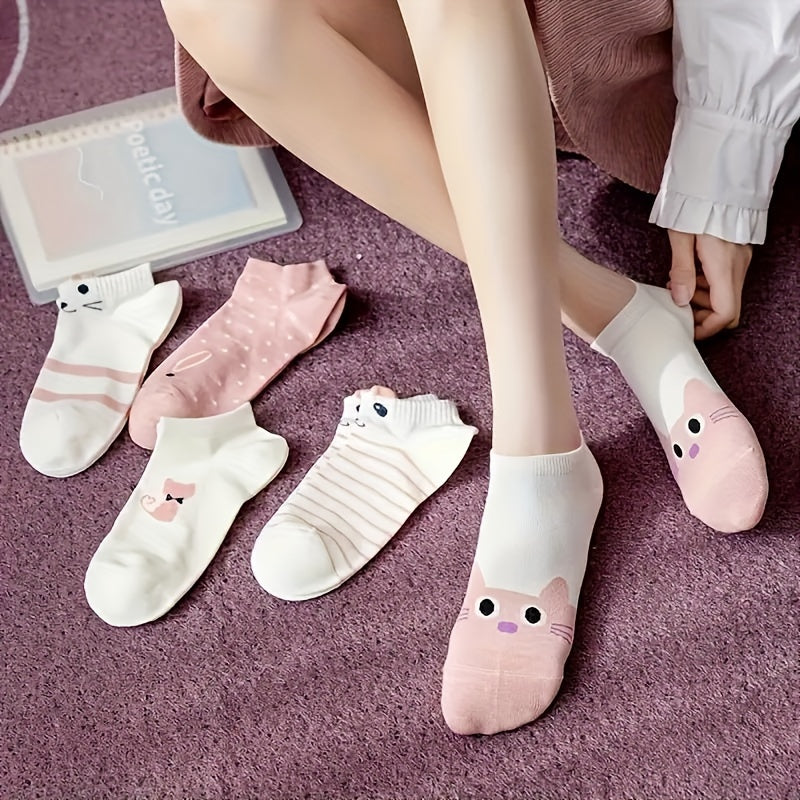 5 pairs of cute cartoon cat print ankle socks for women, soft and comfy