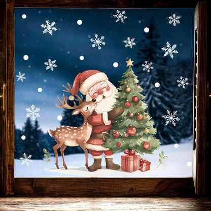 One piece of Christmas Window Cling featuring Cartoon Santa & Reindeer Snowflake Tree design, measuring 38.1X38.1cm. Made of PVC, this decoration is waterproof, removable, static cling, and reusable, perfect for glass door decoration.