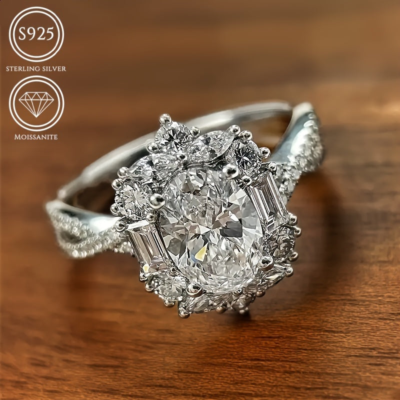 This stylish 925 Sterling Silver Moissanite Ring is perfect for women. It features a stunning 2CT oval cut gemstone and is hypoallergenic, making it ideal for those with sensitive skin. This boho wedding anniversary jewelry comes with a certificate of