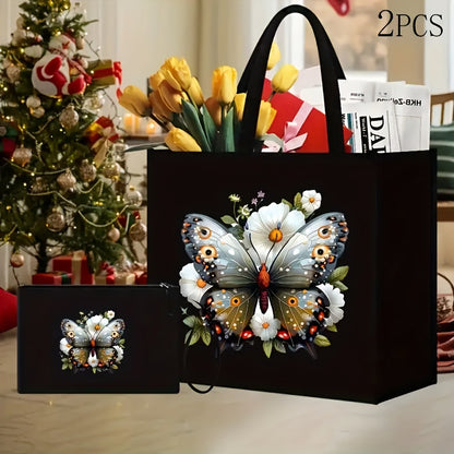 Chic handbag and wallet set featuring butterfly and floral print, durable shoulder strap, magnetic closure, and foldable design for shopping and travel.