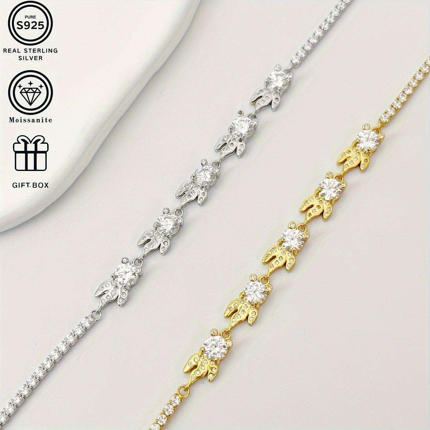 Get ready to dazzle with the exquisite Odek Elegant Sterling Silver Bracelet adorned with a stunning 0.5 Carat Goldfish Moissanite stone. This 18K Golden Plated bracelet is hypoallergenic and weighs only 5.15g, making it comfortable for all-day wear.